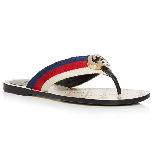 GUCCI Kika Logo-embellished Striped Nylon, Canvas and Leather Sandals,red/white. - Picture 7 of 13